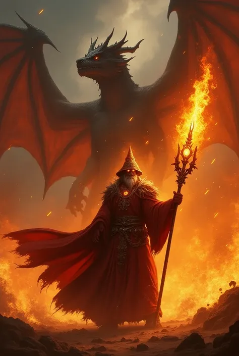 Fire wizard clutching a powerful staff ,  with a dark dragon in the huge background all surrounded by fire