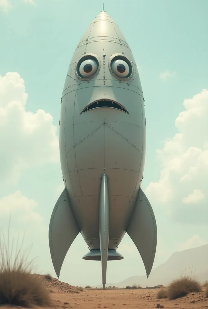 A huge rocket has eyes and looks scared