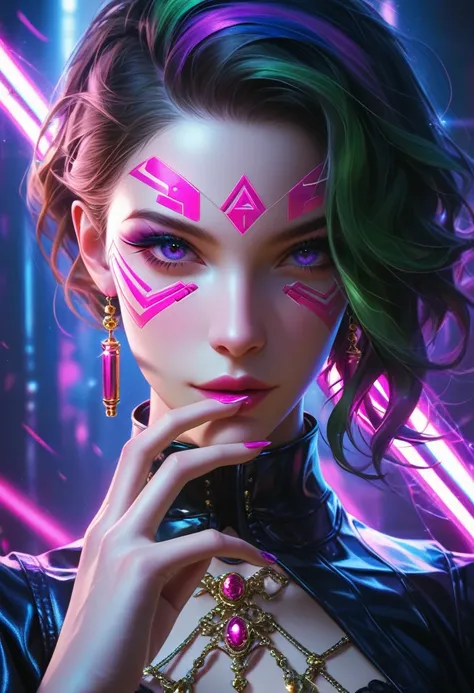 ( High quality , Ultra-detail, carefully with your hand )tarot card, chiaroscuro technique on sensual illustration of an queen of sword, a teenage fashion model wearing an exo-skeleton mask, vibrant colors, futuristic cyberpunk style, intricate details, ci...