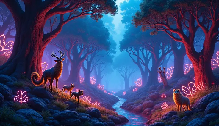 Neon forest full of animals 8k