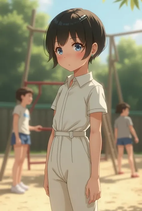 White girl , 10y, standing, side view, tight white jumpsuit, waist sash, short pixie hair, small earrings, hair pin, blue eyes, shy, playground, girls in background