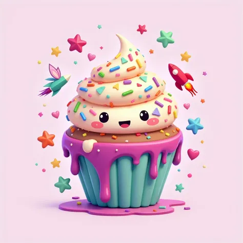 In cinematic 3d kartoon cromt images this

Create a fun, vibrant logo with a cupcake that has rainbow sprinkles, but instead of a normal cupcake, the top is a swirling book, and sprinkles are shaped like stars, hearts, and tiny characters from the stories....