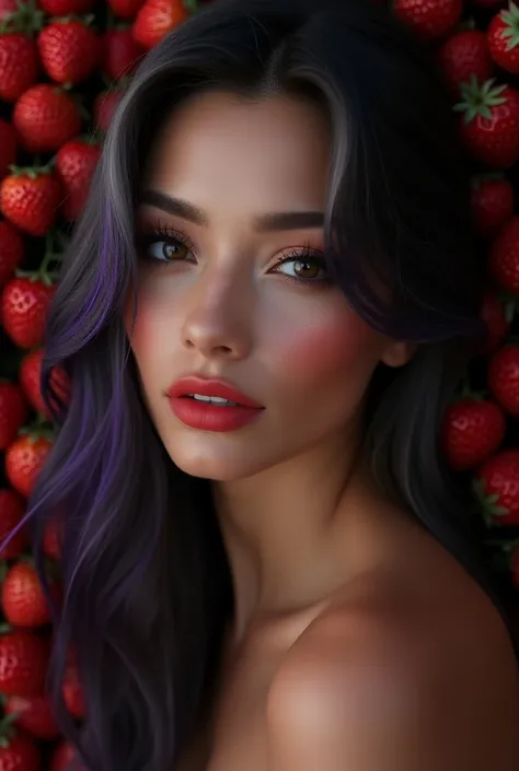 Virgin Fonceca, Lightly tanned skin, Brown eyes, Foxy eyes eyelashes, full lips with gloss,  long dark gray hair with violet highlights , surrounded by strawberries 