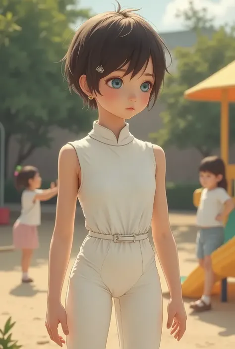 White girl , 10y, standing, side view, tight white jumpsuit, waist sash, short pixie hair, small earrings, hair pin, blue eyes, shy, playground, girls in background