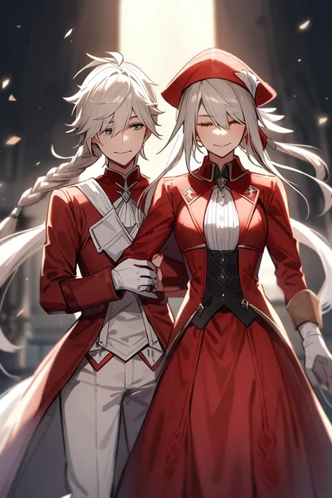 Final fantasy alisaie with sixteen years with a red mage outfit and a lady maria red hat with a white feather alone