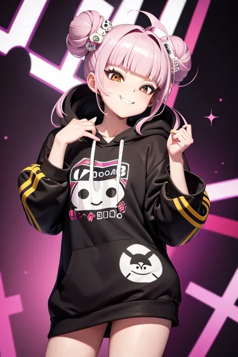 （ Hide hands:1.4）Danganronpa keys 、、 Oversized hoodie. hime cut, (ruri gokou),Double teeth。 Ahoge, whole body、
Do not expose skin、
Ahoge, bangs, Double bun hairstyle, Asymmetrical hairstyles, surprise, 