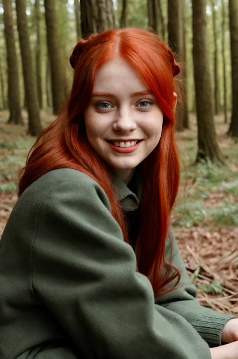 young girl,  in the forest, 1 girl, red hair, closed parade, cap, square hairstyle, blue eyes, mystical mood,   looking at the v...