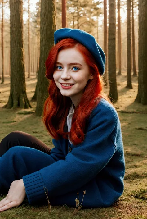 young girl,  in the forest, 1 girl, red hair, closed parade, cap, square hairstyle, blue eyes, mystical mood,   looking at the v...