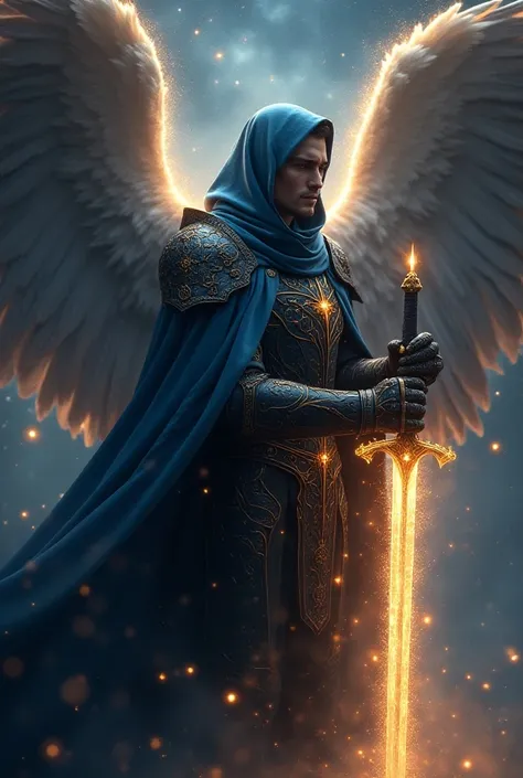 An album cover for the cosmic prism a male male angel in the middle with Astralis arms of starry cosmic dust the angel wears a blue hood dark medieval armor with golden crystals that catch fire a sword of fire light in his astral hands 