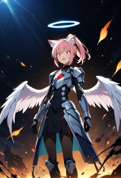 score_9,score_8_up,score_7_up,rating_safety,masterpiece,best quality,higher detailed,super fine illustration,8k,front view,BREAK 1girl,pink hair,ponytail,cat ears,red eyes,crazy eyes,flat chest,angel halo,angel wings,BREAK battle armor,BREAK (holding_sword...