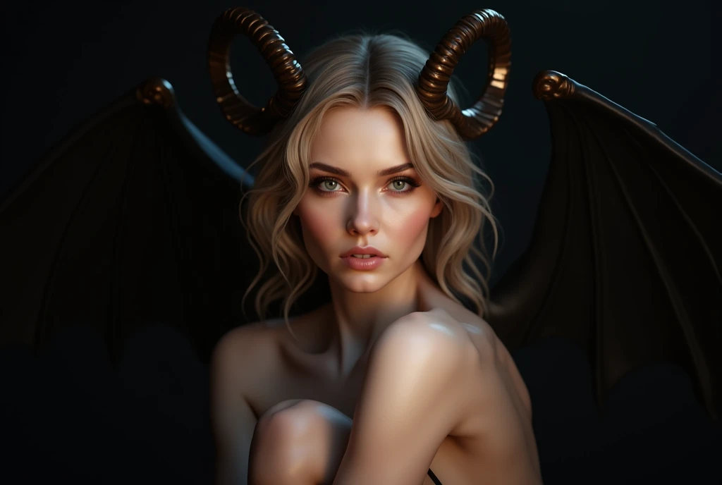 full body photo.attractive female goddess with flowing blonde hair, clothes barely covering roundings.realistic,cinematic. 8 k .Let me see your thighs with your legs.A beautiful toned body an devil,the wings of a bat grow.large breast.ram horns on head.her...