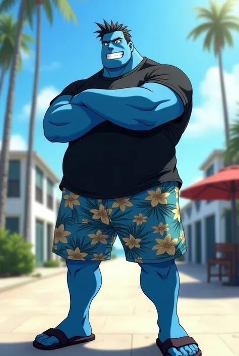 Chubby man, in Anime, muscular, with thin hair, that is handsome, blue skin, wears his black T-shirt, with Hawaiian shorts, and with black sandals on his feet, standing in the sidewalk far from the beach, doing his heroic pose, with sunlight shining