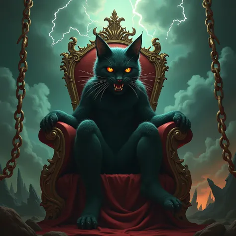 An angry evil cat sitting on a throne with a gold chain in the background of horror scenery with lightning