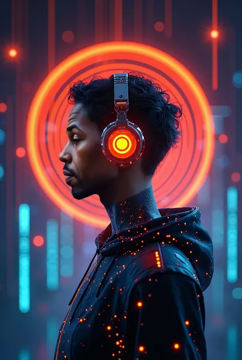 shawt in a Futuristic audio visualization, glowing orange headphones, abstract human silhouette, dark background, neon sound waves, digital art, cyberpunk aesthetic, 3D render, high contrast, symmetrical composition, sleek design, immersive audio experienc...