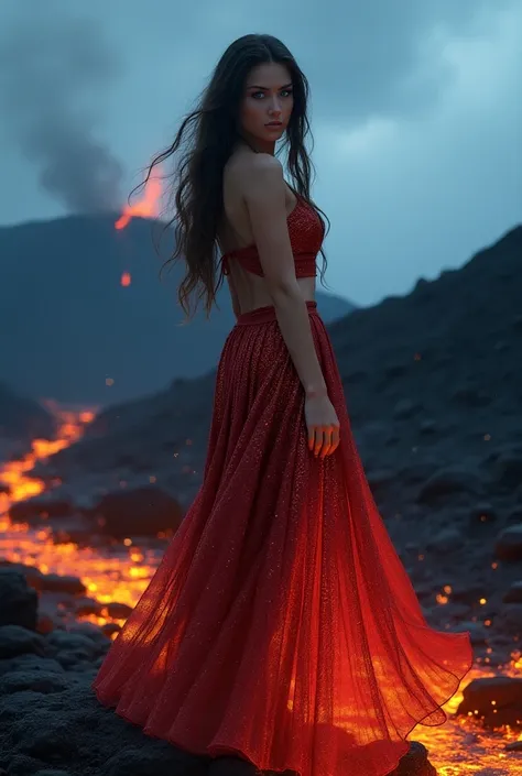 ( with a dim volcano visible in the background ， long skirt made of magma，Beautiful Goddess，A pair of bright colors ,Beautiful Blue Eyes，((Looking at the camera，  full body portrait ))