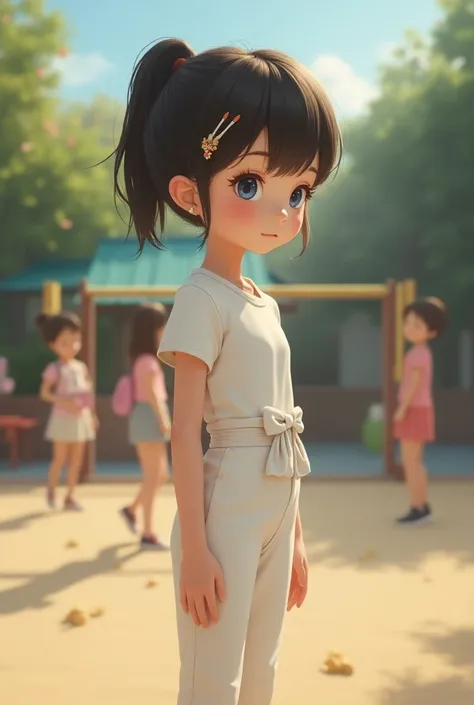 White girl , 10y, standing, side view, tight white jumpsuit, waist sash, short pixie hair, small earrings, hair pin, blue eyes, shy, playground, girls in background