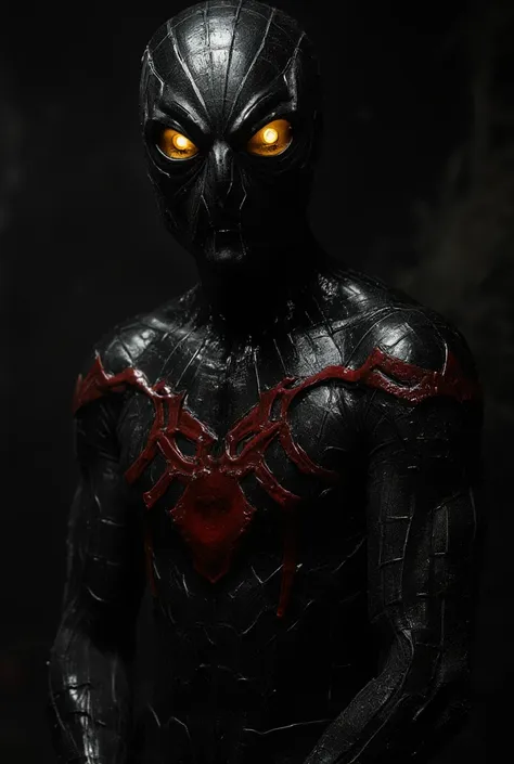 full length view. dark, creepy horror (spider-man) an evil but beautiful face, a glossy dark cherry yellow hellish look, a frigh...