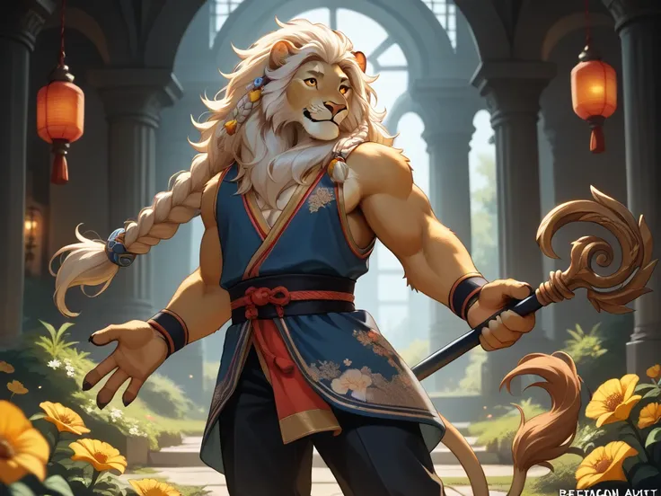 (solo), anthro male, Lion, majestic mane, yellow eyes, monk gi, tail, Long yellow and white hair, regal hair, detailed fluffy fur, white chest, decorative uniform, flowers on shoulder, braided hair, flower accessory, trident in hand, hair accessories, slee...