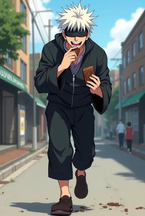 Jjk anime character Gojo Satoru eating chocolate and laughing while walking