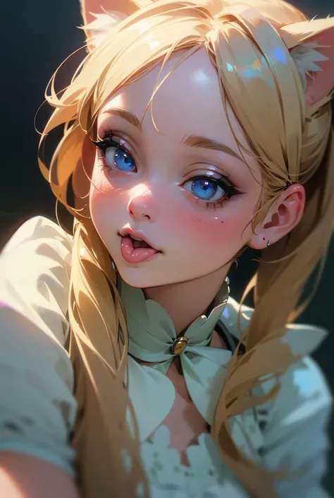 1girl, beautiful detailed eyes, beautiful detailed lips, extremely detailed face, long eyelashes, blonde hair, twintails, cat ears, maid outfit, tongue out, looking up, (best quality,4k,8k,highres,masterpiece:1.2),ultra-detailed,(realistic,photorealistic,p...