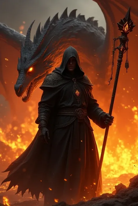 Fire wizard with a powerful staff ,  behind him a dragon whose head is very dark all surrounded by fire , The wizard with a hood and the scariest dragon
