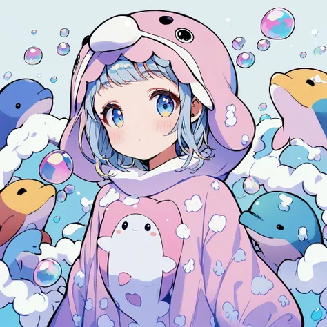 a girl, Snuggly wear, dolphin costume, solo, upper body shot,  character design, surrounded by soap bubbles