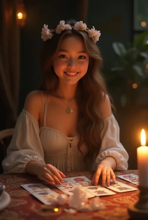 Beautiful happy girl giving tarot reading
