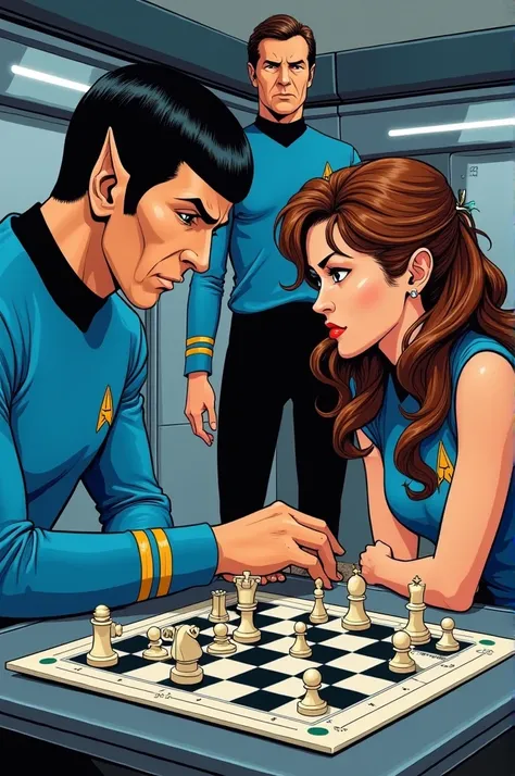  Spock from Star Trek with brown eyes wearing blue uniform and black pants and boots sitting at a table in front of her woman with long brown curly hair and green eyes wearing blue uniform and black boots,  she is playing three-dimensional chess with Spock...