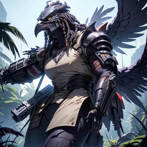 Masterpiece, Award Winning, Best Quality, Super Detailed, 3D Rendering, 8K Octane, Futurism, Hyperdetailed, Large Crow Predator, donned in classic Predator armor with dreadlocks, battle mask shaped like a crow, add large chrome wings, shoulder gun is out a...