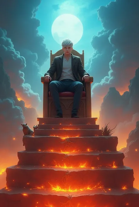 High detail, clarity, 8kk, Throne of Fire, young guy, 18 years old, light gray hair, short haircut, yellow eyes, with blue sky behind, fiery steps to the sky to the throne in front, realism, fantasy,