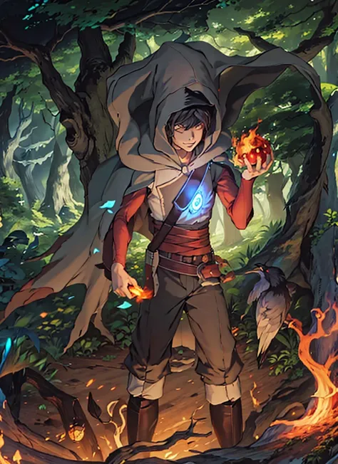  wizard, in a forest, wearing a cape and hood, glowing eyes, a fireball in his hands, a raven, 2D anime style.