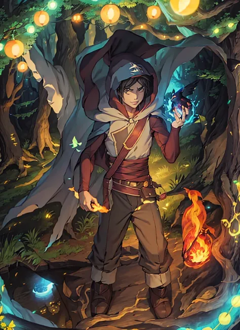  wizard, in a forest, wearing a cape and hood, glowing eyes, a fireball in his hands, a raven, 2D anime style.