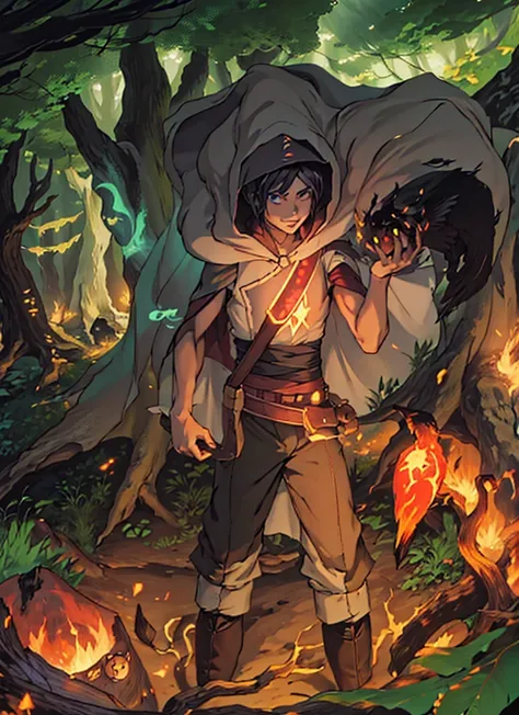  wizard, in a forest, wearing a cape and hood, glowing eyes, a fireball in his hands, a raven, 2D anime style.