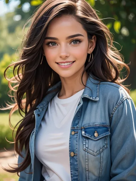 a beautiful natural girl next door in a simple t-shirt and jacket, (happy excited smile), jeans, photoreal, hyperrealism, best q...