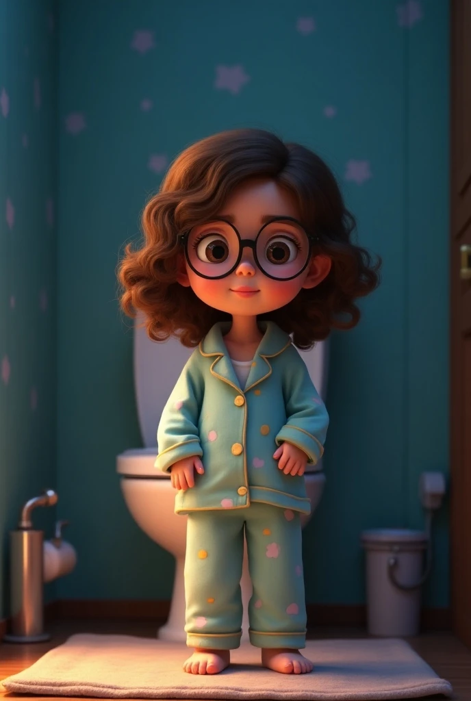 Créer une image d’une petite fille, cheveux châtain mi-long et bouclés, avec des lunettes de vue. Style Disney Pixar. Il fait nuit. Elle est en pyjama et fais pipi au toilette.