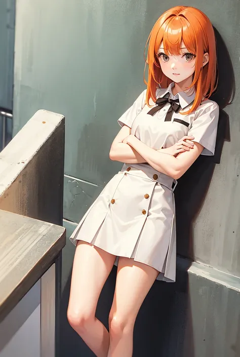  a girl , shill, orange hairblunt shill, Folded arms,  white and brown school dress , Medium length hair, I&#39;m very busy., Long sleeves,  dark yellow eyes ,  library background full of books,  alone , Half body, Elf ears 