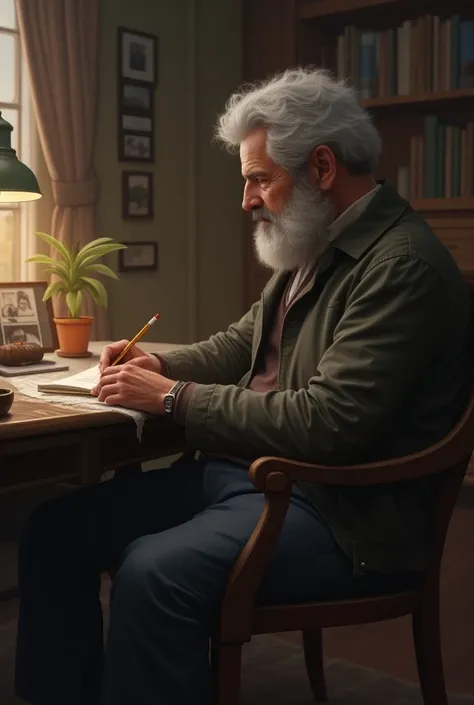 A reflective moment of the now-renowned author sitting in a quiet room, gazing at the pencil and reminiscing about his journey and his grandmothers support.