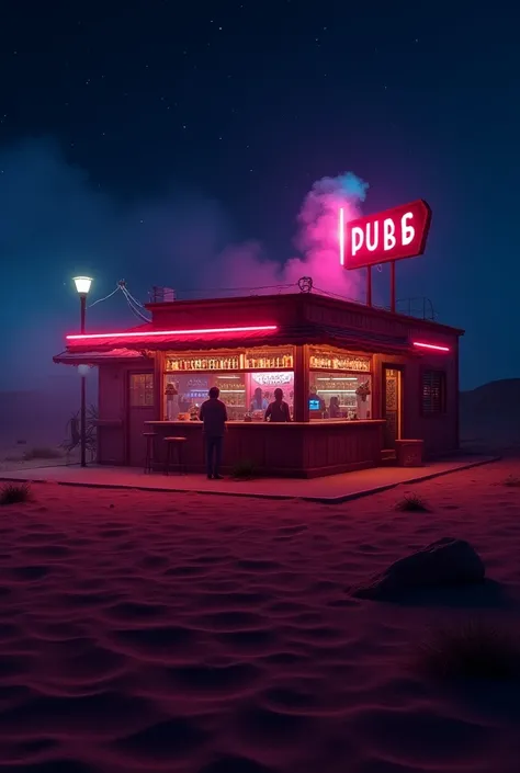 a pub in the desert at night  ,  smoky scenery background neon lighting, ultra realistic, 4K, super detailed,  weather and neon lighting 