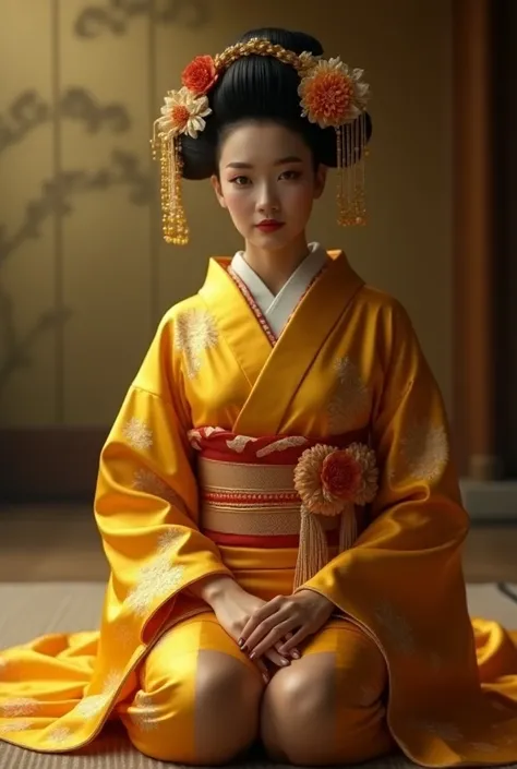 (photorealism:1.2), Realistic photo of geisha with golden clothes and showing legs