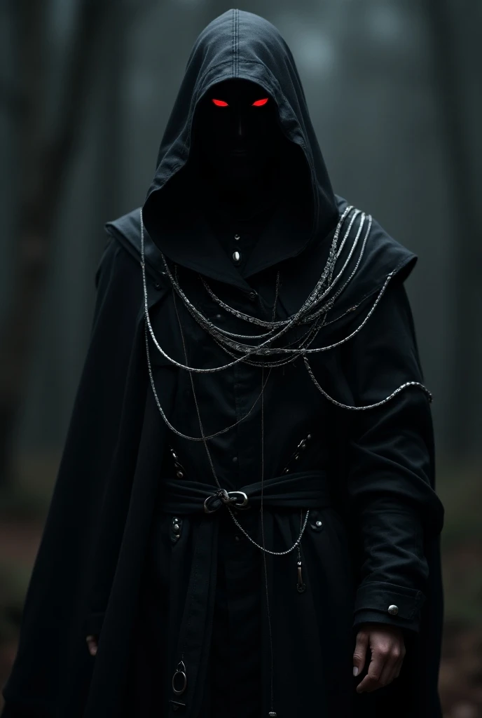 Emphasizing the chain、A jet-black assassin clad in chains、Medieval Assassin、((Silver chains floating in the dark night))、Red eyes、Black hood