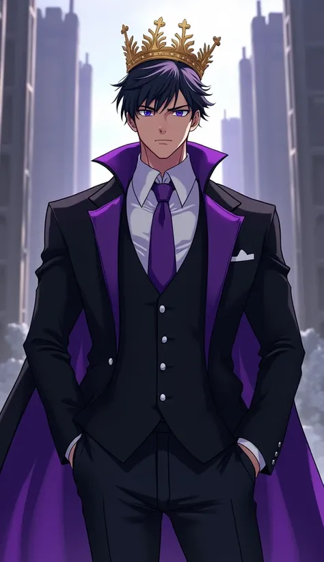 Adult male alone without company Short black hair not long White skin Eyes with intense purple irises Serious Wearing a black suit with purple details, with a white shirt and a purple tie With a golden crown on his head like a king Muscular In the backgrou...