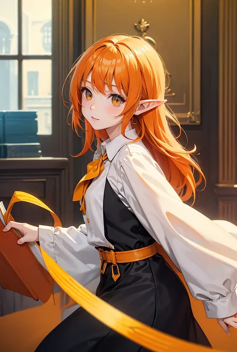  a girl , shill, orange hair,  White and Orange School Dress, Medium length hair, Very Busy Blonde ,  dark yellow eyes ,  library background full of books,  alone , Half body, Elf ears 