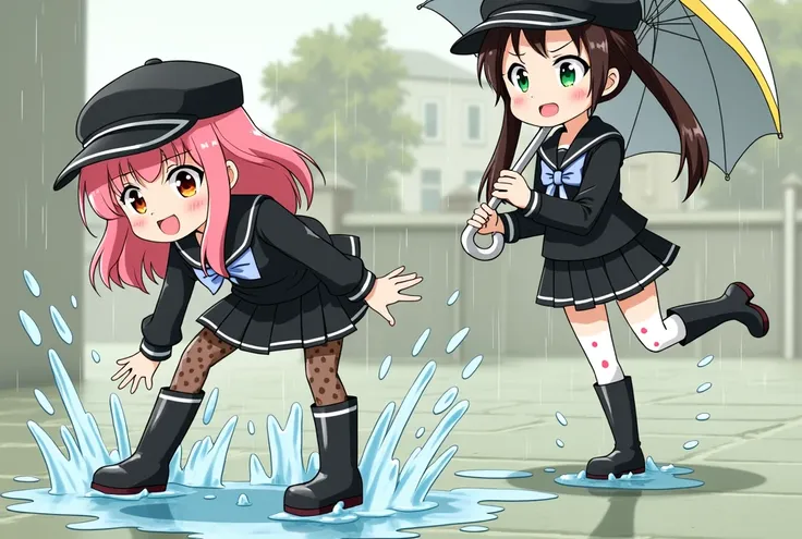 Anime spy x family, anya_forger pink hair, happy, black newsboy cap, black school uniform, black rubberboots, splashing in water, becky_blackbell dark brown hair sidetails, holding umbrella, looking annoyed, black cap, black school uniform, white stockings...