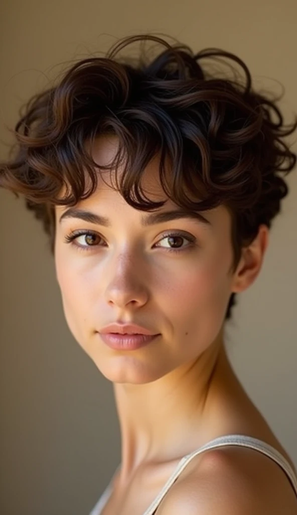  Short haircut, short curly style, fluffy curls
 - Slightly longer bangs, raked back
 - Hair movement is natural and light
 - Soft facial contours and striking eyes
 - The photo was taken in warm light, creating a calm atmosphere.

 These are compact summa...