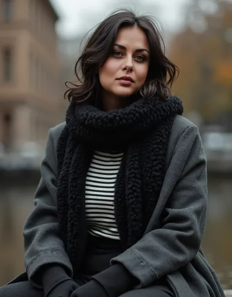 Super real photo, 38 year old ((moderately curvy figure)) short stature,  dark long hair  , brunette european woman with long dark,  sits on a black and white striped shirt, gray coat, gray tones, wearing a scarf, gray clothes, a scarf, scarf, Inspire, Dim...