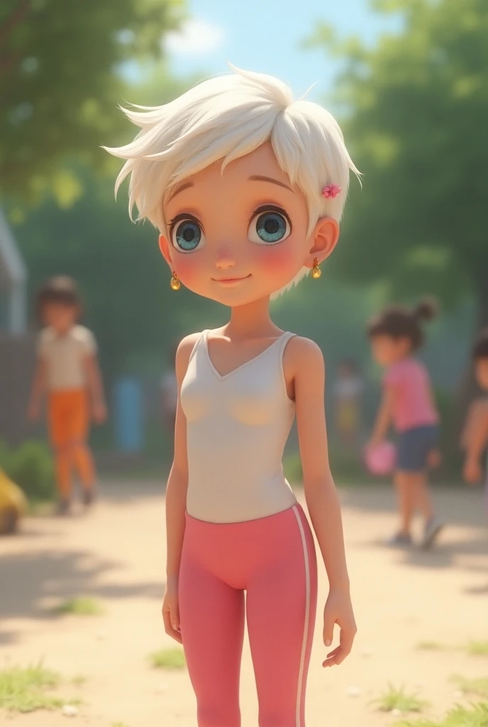 White girl , 10y, standing, side view, white leotard over pink leggings, short pixie hair, small earrings, hair pin, blue eyes, shy, playground, girls in background