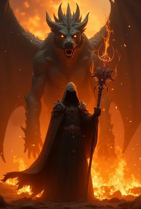 Fire wizard with a powerful staff ,  behind him a dragon whose head is very dark all surrounded by fire ,  the wizard with a hood and the dragon that is scariest
The cane that looks the most powerful(Keep the generated image )  the staff make it more power...