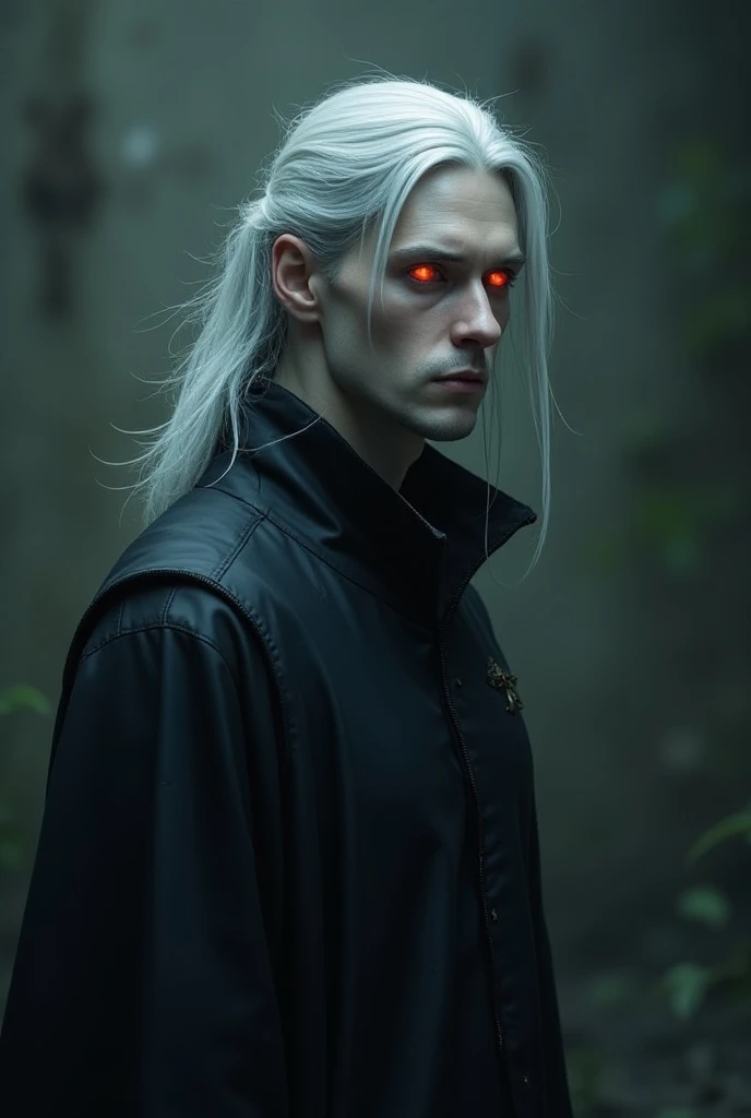 Imagine what it would be like Daemon Devil is a man and he has fair skin and silver hair and reddish eyes like a fireplace half turned off in 8k and realistic he is human 