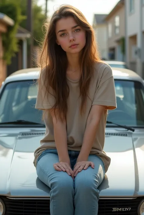 Teen girl sitting on car hood with legs crossed 