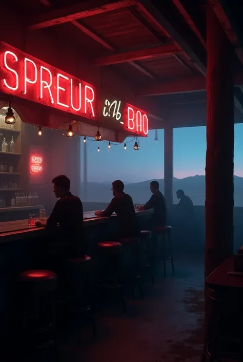 A bar in the desert at night ,  smoky scenery background neon lighting, ultra realistic, 4K, super detailed,  weather and neon lighting 